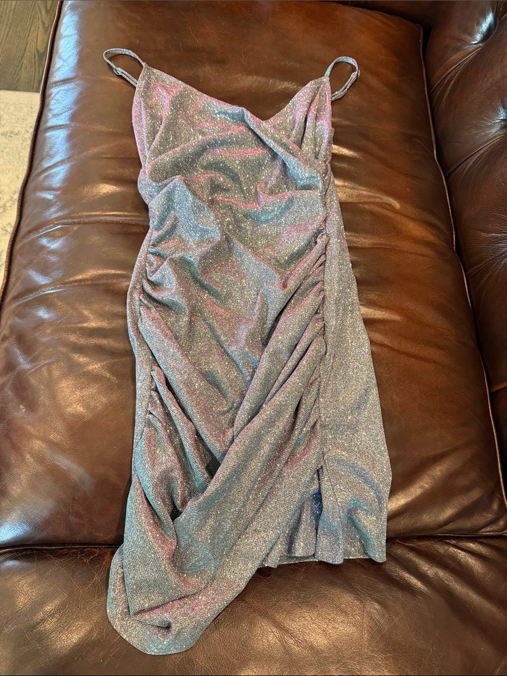 AKIRA Iridescent Pink-Blue Ruched Slip Midi Dress
